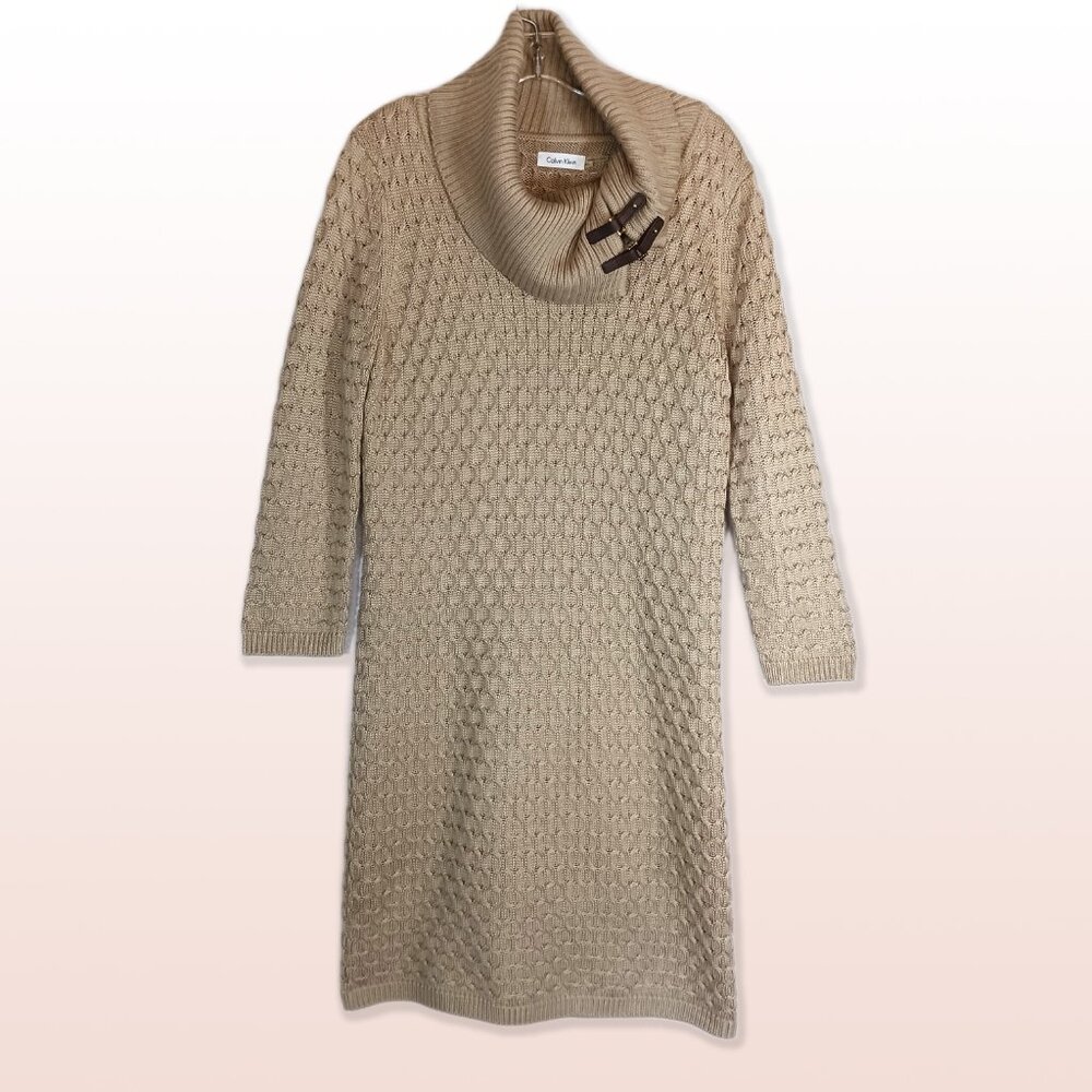 Calvin Klein Heavy Knit Cowl Neck Tan Dress Buckle Feature Size XL